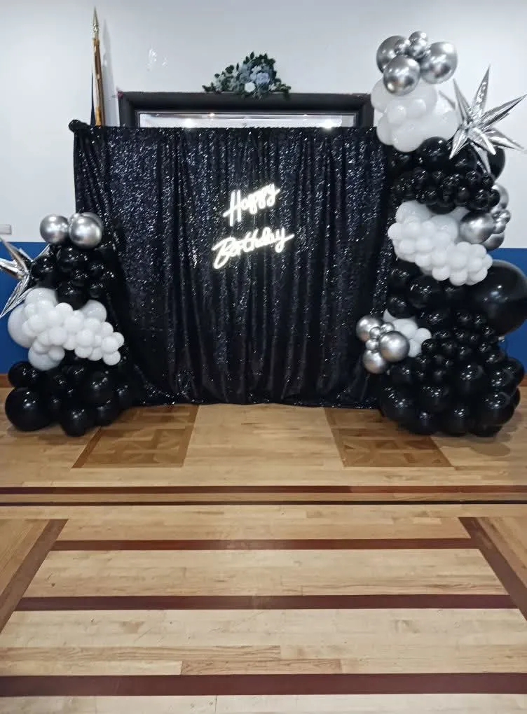 Black and white Happy Birthday balloon backdrop