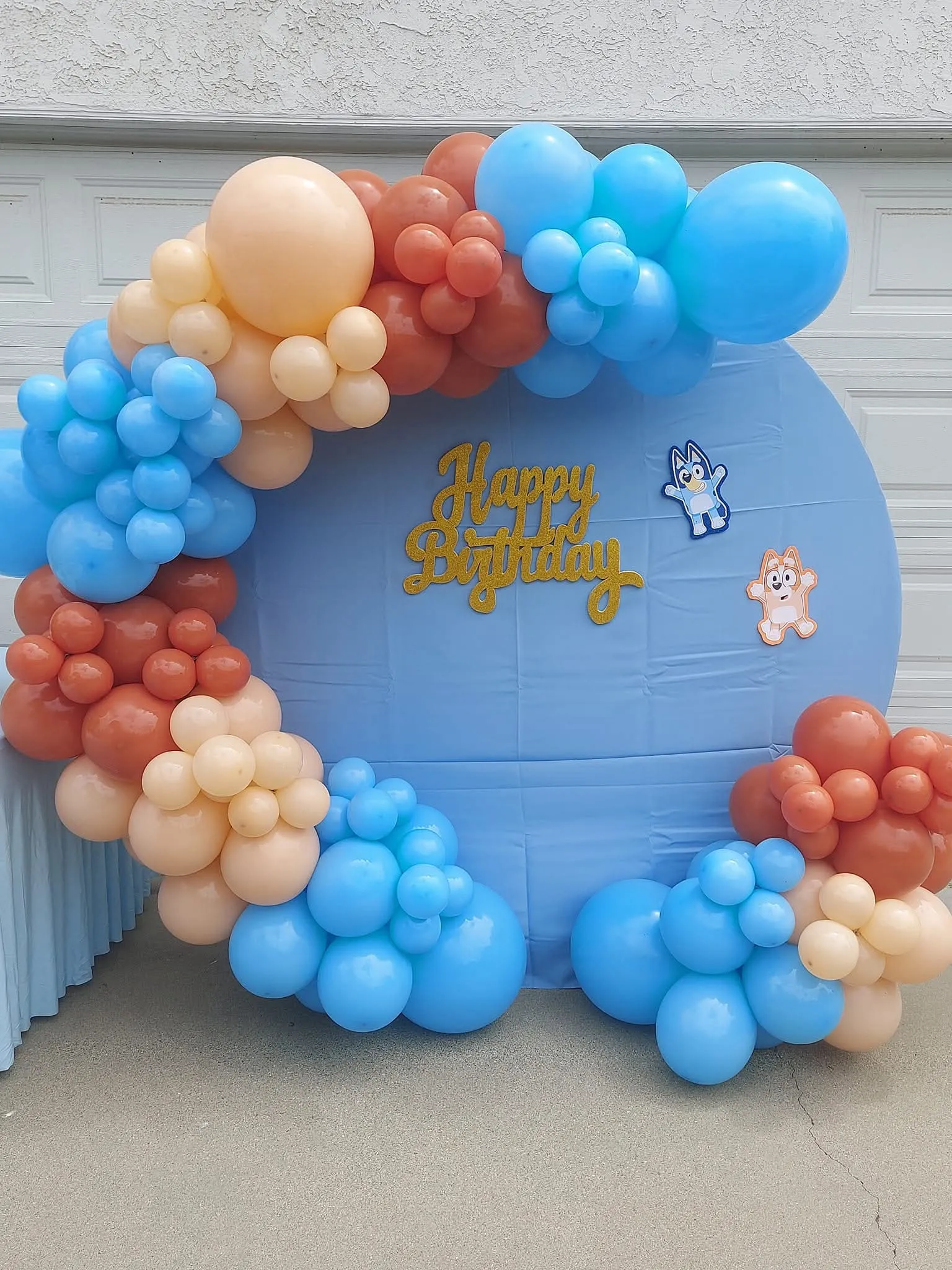 Blue and brown Happy Birthday balloon backdrop
