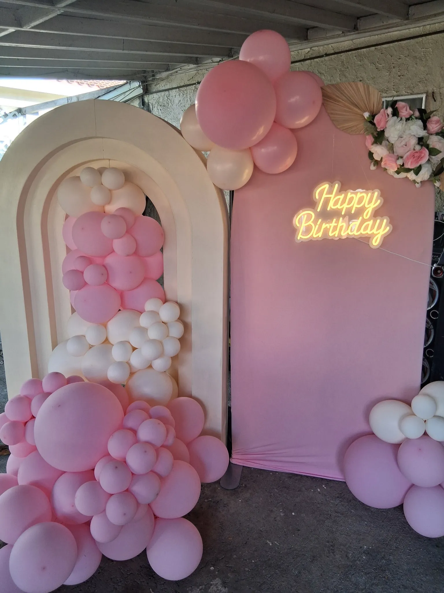 White and pink happy birthday balloon backdrop